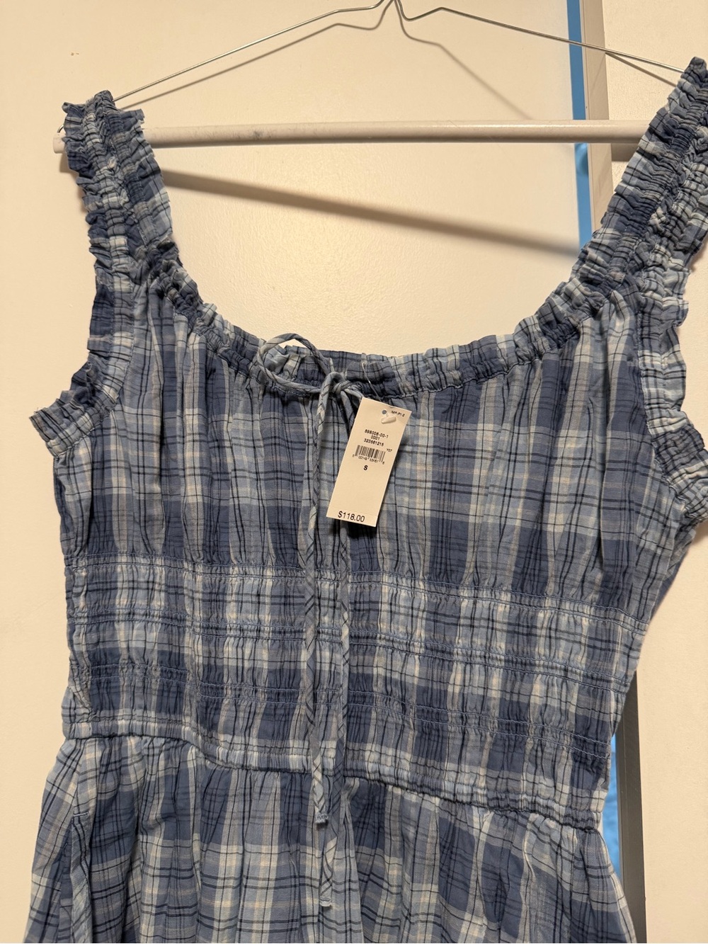 GAP Blue and White Plaid Smocked Midi Dress - Picture 2 of 3